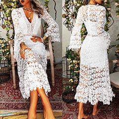 Flare Sleeve Dress For Women Bodycon Mermaid Lace Floral Dresses V-neck Formal Cocktail Comfy Dress For Wedding Guest