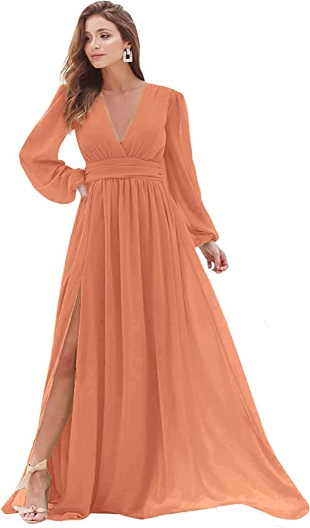 Coral Women's Bridesmaid Dresses Long Sleeve Chiffon Deep V-Neck Formal Evening Party Gowns for Women Guests with Split A-line - YnanLi Dress | Women's Formal Dresses
