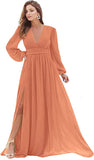 Coral Women's Bridesmaid Dresses Long Sleeve Chiffon Deep V-Neck Formal Evening Party Gowns for Women Guests with Split A-line - YnanLi Dress | Women's Formal Dresses