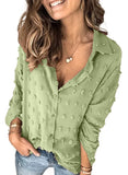 Grass Green Women Pompom Button Down Shirt Casual Blouse Top - Astylish | Women's Tops and Blouses