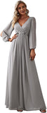 Gray Women's A-line Long Sleeve V-Neck Chiffon Mother of The Bride Dress - Ever-Pretty