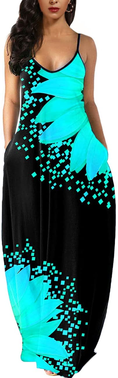 Sunflower Cyan Womens Casual Sleeveless Plus Size Loose Plain Long Maxi Dress with Pockets - Wolddress | Women's Casual Dresses