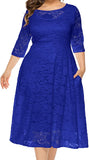 Blue Women Plus Size Floral Lace Sleeve Party Wedding Cocktail Swing Midi Dress with Pockets - Lrady | Women's Cocktail Dresses
