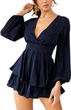 Navy Blue 2 Women's Jumpsuit Floral Print V Neck Baggy Sleeve Waist Tie Double Layer Ruffle Hem Short Mini Dress Romper - Relipop | Women's Casual Dresses