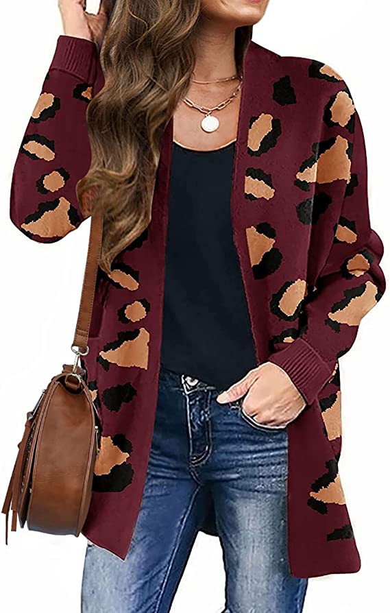 Wine Women s Open Front Leopard Knit Cardigan Sweaters Pockets Long Sl Original Brand