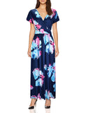 Blue Pink Ladies Summer Casual V Neck Short Long Sleeve Floral Pattern Wrap Ladies Maxi Long Dress with Pockets - OUGES | Women's Evening Gowns