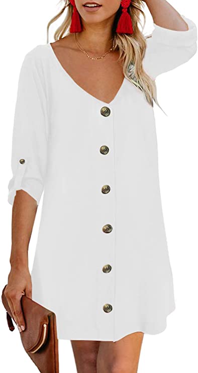 ShorSleeve White Women Summer Spaghetti Strap Button Down V Neck Sleeveless Casual Mini Dress - AlvaQ | Women's Cocktail Dresses