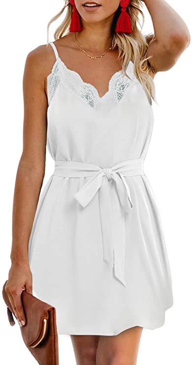 Lace White Women Summer Spaghetti Strap Button Down V Neck Sleeveless Casual Mini Dress - AlvaQ | Women's Cocktail Dresses