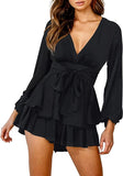 Plan Black Women's Jumpsuit Floral Print V Neck Baggy Sleeve Waist Tie Double Layer Ruffle Hem Short Mini Dress Romper - Relipop | Women's Casual Dresses