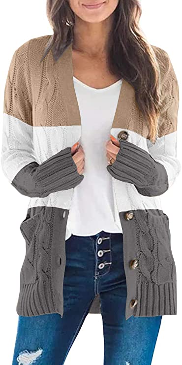 Block Khaki Women's Long Sleeve Cable Knit Sweater Open Front Cardigan Button Loose Outerwear - MEROKEETY | Women's Cardigan