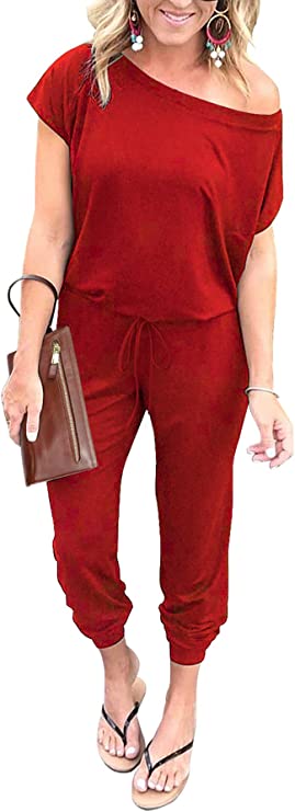 Red Women's Loose Solid Off Shoulder Elastic Waist Stretchy Long Romper Jumpsuit - PRETTYGARDEN | Women's Romper & Jumper Suit