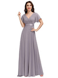 Grey Ladies Double V-Neck Short Flutter Sleeves Empire Waist Elegant Chiffon Long Evening Dresses - Ever-Pretty
