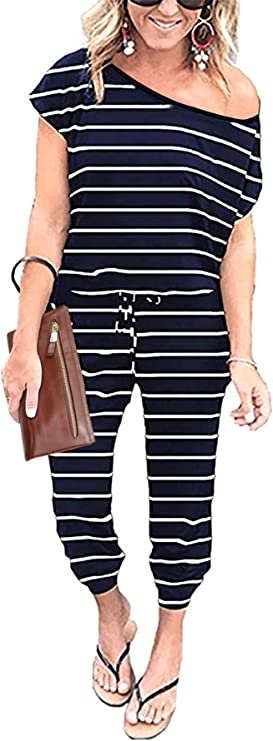 Stripe-navy Women's Loose Solid Off Shoulder Elastic Waist Stretchy Long Romper Jumpsuit - PRETTYGARDEN | Women's Romper & Jumper Suit
