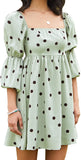 Polka Dot Light Green Womens Square Neck Dress Long Puff Sleeve A-Line Casual Short Mini Dress - Exlura | Women's Casual Dresses