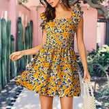 Summer Dress for Women, Womens Floral Sun Dress Cute Tie Back Ruffle Strap A Line Mini Dress Flowy Short Beach Dress | Original Brand