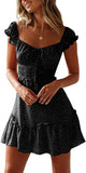 Black Womens Summer Ruffle Sleeve Sweetheart Neckline Printing Dress Mini Dress - Yobecho | Women's Casual Dresses