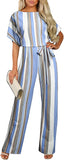 Blue Striped Women Casual Loose Short Sleeve Belted Wide Leg Pant Romper Jumpsuits - Happy Sailed | Women's Romper & Jumper Suit