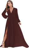 Burgundy Women's Bridesmaid Dresses Long Sleeve Chiffon Deep V-Neck Formal Evening Party Gowns for Women Guests with Split A-line - YnanLi Dress | Women's Formal Dresses