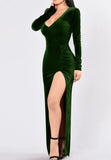 Green V Neck Velvet Dress For Women Long Sleeve Ruched Bodycon Side Slit Party Cocktail Dress 90s Retro Maxi Dress - Kafiloe | Women's Cocktail Dresses