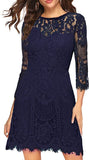 Navy Women's Elegant Round Neck V-Back Wedding Guest Floral Lace Cocktail Party A Line Dress - MSLG | Women's Cocktail Dresses