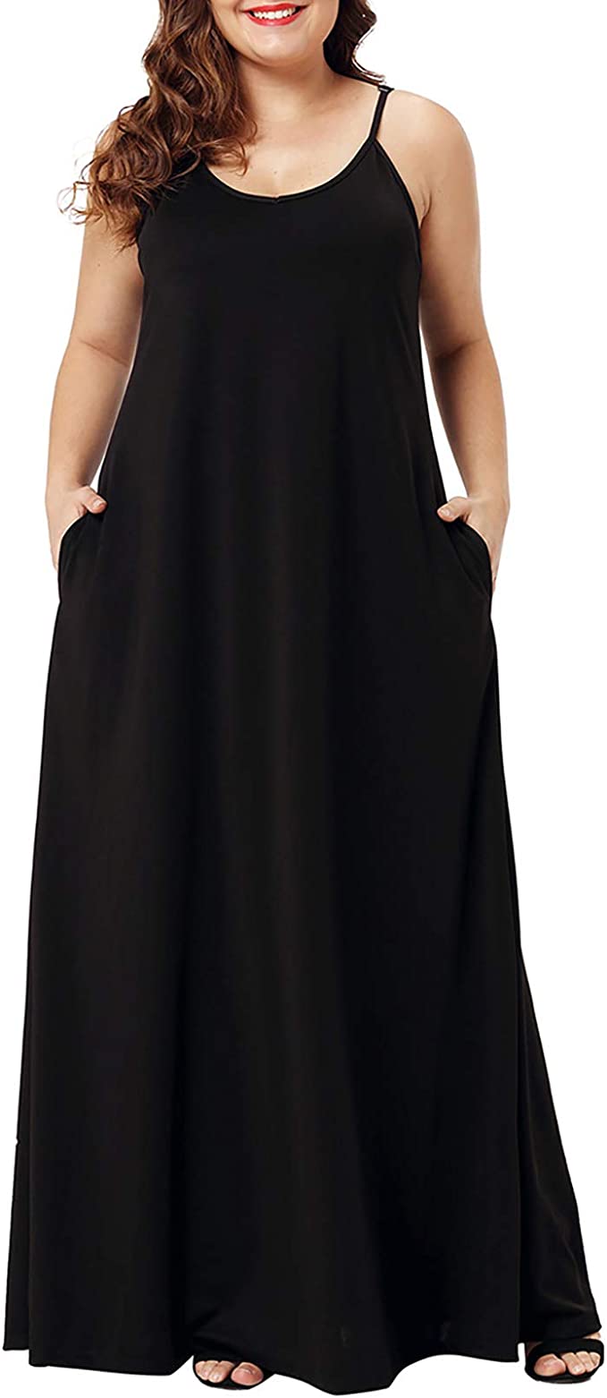 Exotica Gold Womens Casual Sleeveless Plus Size Loose Plain Long Maxi Dress with Pockets - Wolddress | Women's Casual Dresses