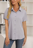 Light Blue Womens Casual Button Down Shirts V Neck Chiffon Long Sleeve Collared Office Work Blouses Tops with Pocket - AISEW | Women's Tops and Blouses