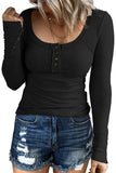 Black Women's Long Sleeve Shirts Casual Fall Henley Top Button Down Blouses Basic Ribbed Knit T Shirts - Kissfix | Women's Tops and Blouses