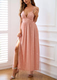 Pink Frock Women's Solid Mesh Spaghetti Strap Sequin Cross Back Elegant Evening Party Dress - Fuedage | Women's Formal Dresses