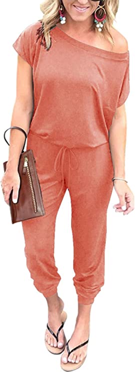 Pink Women's Loose Solid Off Shoulder Elastic Waist Stretchy Long Romper Jumpsuit - PRETTYGARDEN | Women's Romper & Jumper Suit