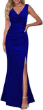 Royal-blue Women Sleeveless V Neck Split Evening Cocktail Long Dress - Woosea | Women's Formal Dresses