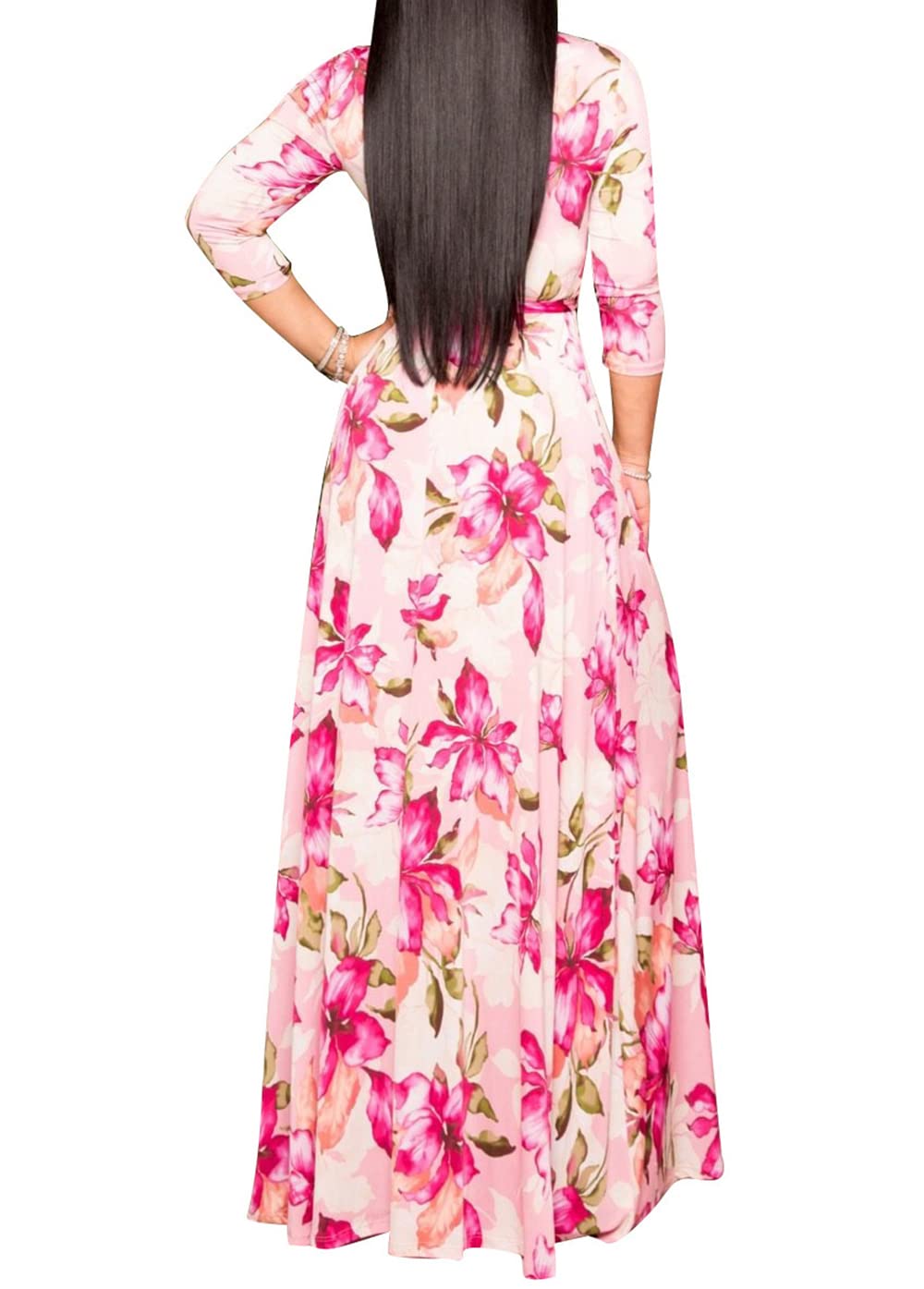 Pink Womens Casual Floral Print Long Maxi Dress Plus Size Plain Party Original Brand