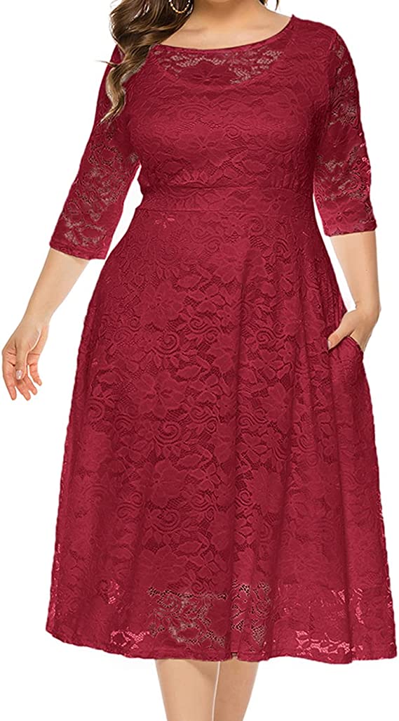 Red Women Plus Size Floral Lace Sleeve Party Wedding Cocktail Swing Midi Dress with Pockets - Lrady | Women's Cocktail Dresses