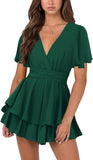 Dark Green Womens Sexy V Neck Long Baggy Sleeve Tie Waist Ruffle Hem Flowy Swing Mini Short Wrap Dress - Nova In Sky | Women's Casual Dresses