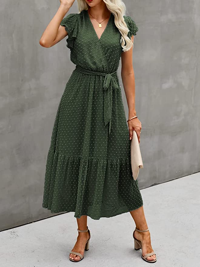 Swiss Dot Black Women Summer Bohemian Floral Casual Wrap V Neck Ruffle Cap Sleeveless Belt A-Line Pleated Hem Swing Midi Sun Dress - BTFBM | Women's Casual Dresses