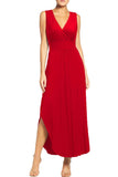 Red Women Sleeveless Deep V Neck Pocket Loose Long Dress Split Maxi Casual Dresses - WOOSEA | Women's Cocktail Dresses