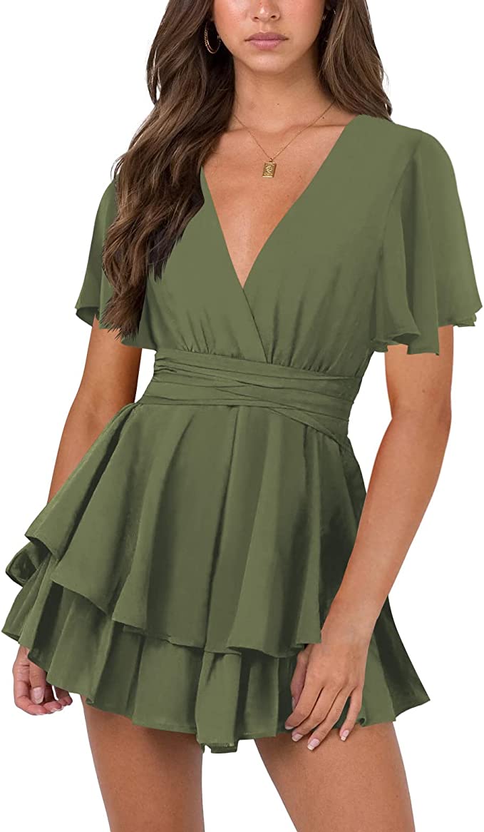 Army Green Womens Sexy V Neck Long Baggy Sleeve Tie Waist Ruffle Hem Flowy Swing Mini Short Wrap Dress - Nova In Sky | Women's Casual Dresses