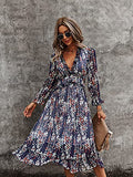 Womens Fall Spring Summer Sexy V Neck Ruffle Long Sleeve Short Sleeve Floral Print A Line Long Madi Dress