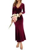 Burgundy Women's V Neck Wrap Long Sleeve Elegant Mermaid Velvet Cocktail Maxi Dress Evening Party - ZABERRY | Women's Formal Dresses