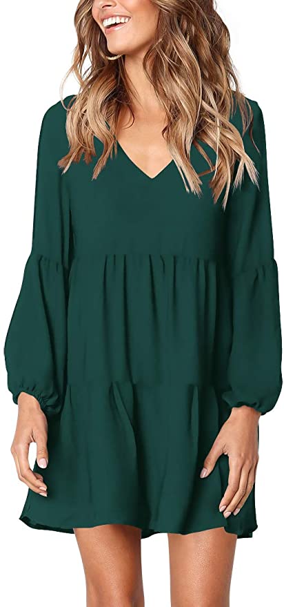 Green Long Sleeve Women Summer Tunic Dress V Neck Casual Loose Flowy S Original Brand