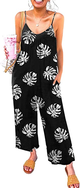 Black Pattren Women's Casual Sleeveless Front Button Loose Jumpsuits Stretchy Long Pants Romper with Pockets - Happy Sailed | Women's Romper & Jumper Suit