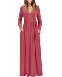 Rose Ladies Summer Casual V Neck Short Long Sleeve Floral Pattern Wrap Ladies Maxi Long Dress with Pockets - OUGES | Women's Evening Gowns