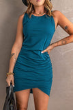 Deep Blue Women Casual Dress Crew Neck Ruched Summer Sleeveless Tank Bodycon Shirt Short Mini Dresses - BTFBM | Women's Club Dresses