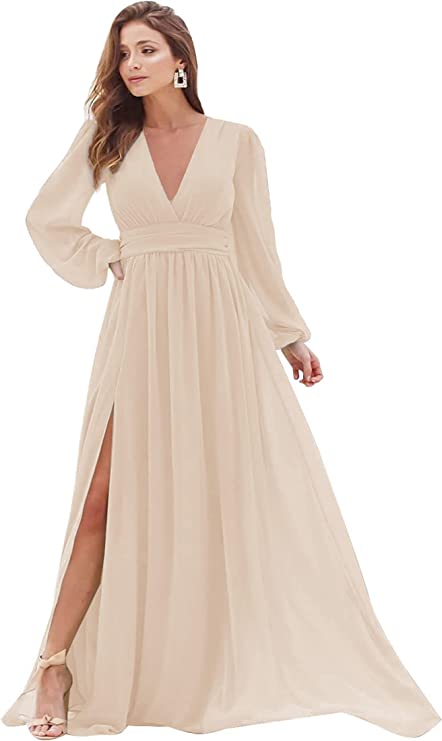 Blush Women's Bridesmaid Dresses Long Sleeve Chiffon Deep V-Neck Formal Evening Party Gowns for Women Guests with Split A-line - YnanLi Dress | Women's Formal Dresses