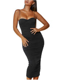 Black Women's Sexy Ruched Bodycon Spaghetti Strap Backless Maxi Pencil Formal Dress - L'VOW | Women's Formal Dresses