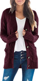 Burgundy Women's Long Sleeve Cable Knit Sweater Open Front Cardigan Button Loose Outerwear - MEROKEETY | Women's Cardigan