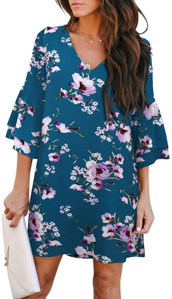 Light Blue Floral Women's Dress Sweet & Cute V-Neck Bell Sleeve Shift Dress Mini Dress - BELONGSCI | Women's Casual Dresses