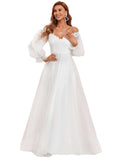 Women's A Line V Neck Floor-Length Off Shoulder Long Sleeves Puffy Tulle Wedding Dress for Bride  - Sara Clothes