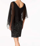 Blush Silver Women's Short Beaded Cocktail Dress with Cold Shoulder Caplet Sleeves - J Kara | Women's Cocktail Dresses