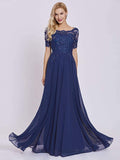 Navy Blue Women's Long Mother of The Bride Dresses with Sleeves Bateau Neck Beaded Chiffon Maxi Lace Formal Evening Gowns - Lover Kiss