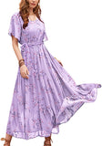 Light Purple Lace Knotted on the Left Women Casual Loose Bohemian Floral Dress with Pockets Short Sleeve Long Maxi Summer Beach Swing Dress - Yesno | Women's Casual Dresses
